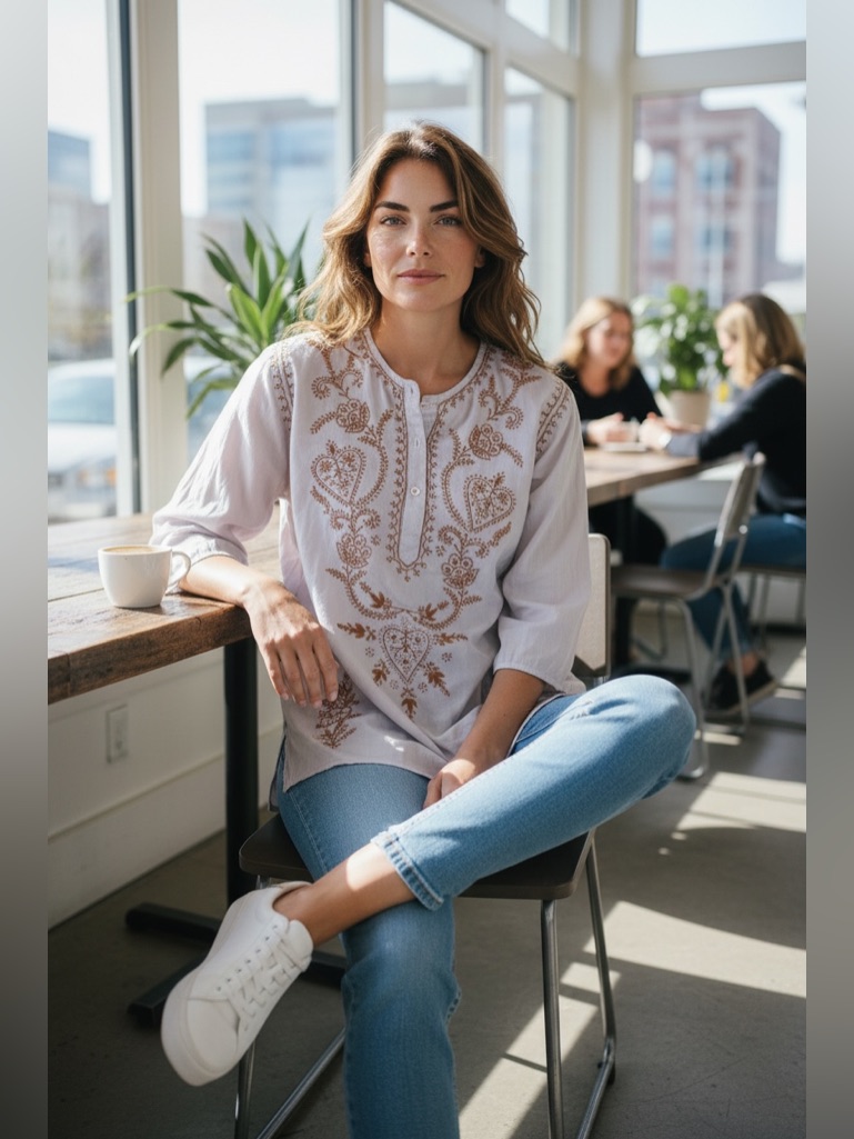 Matta Cream Tunic Boho Top With Brown Embroidery Size Small